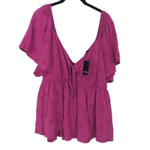 Torrid Top Women 2X Pink Peplum Eyelet Flutter Sleeve Boho Cottagecore Flowy NWT